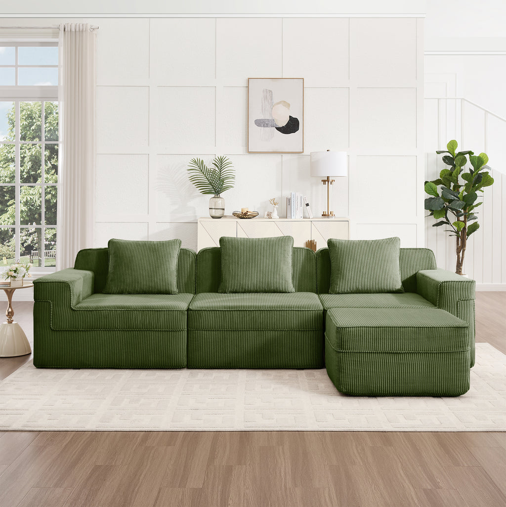 Green corduroy modular sectional sofa with chaise ottoman and four throw pillows