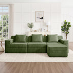 Green corduroy modular sectional sofa with chaise ottoman and four throw pillows