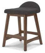 Upholstered barstool with rounded dark gray seat and back, dark wood legs