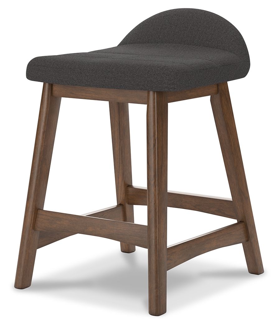 Upholstered barstool with rounded dark gray seat and back, dark wood legs