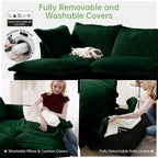 Green corduroy sectional sofa showing fully removable washable covers and cushions