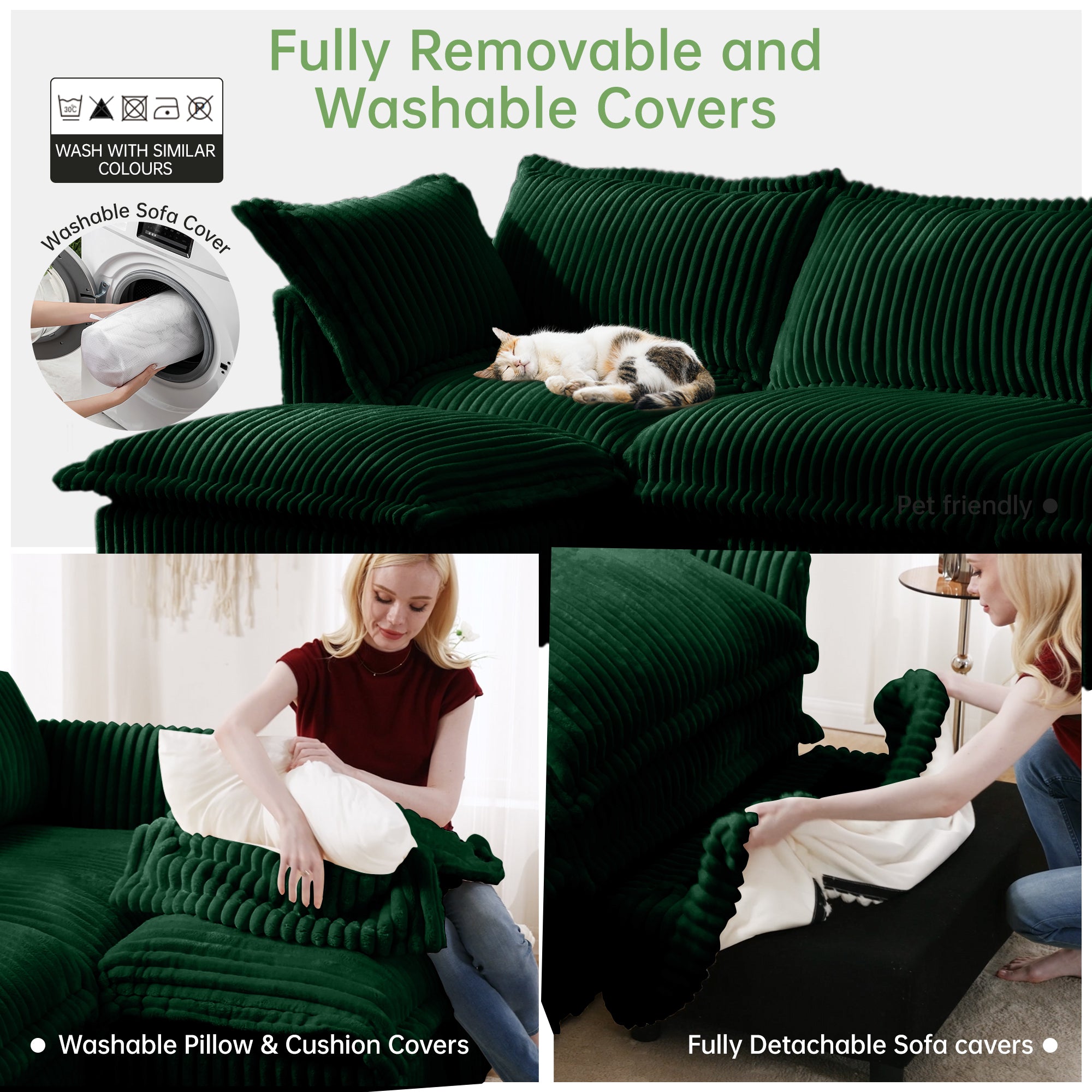 Green corduroy sectional sofa showing fully removable washable covers and cushions
