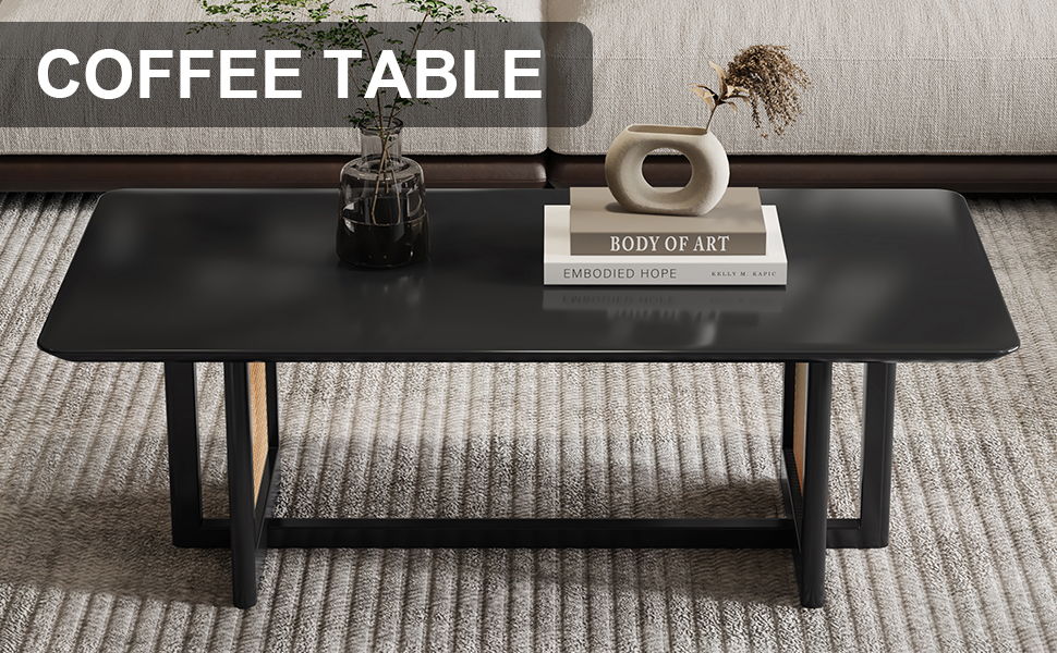 Black Imitation Rattan And Solid Wood Coffee Table, Rectangular Solid Wood Coffee Table, Small Living Room Coffee Table
