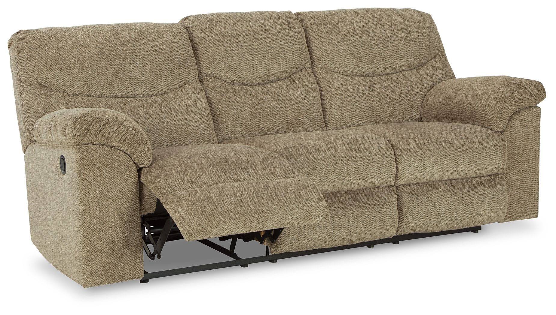 Reclining sofa with beige upholstery; rolled armrests and extended footrest mechanism visible.