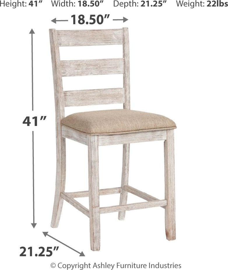 Weathered gray barstool with beige upholstered seat and slat back panel