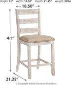 Weathered gray barstool with beige upholstered seat and slat back panel