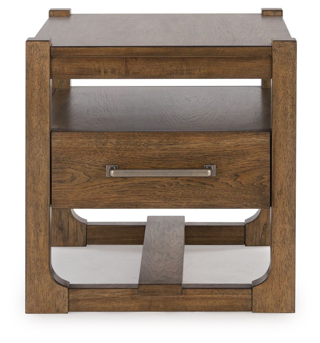 Square end table with front drawer, two-tier open shelf, and wood frame