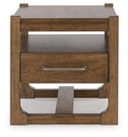 Square end table with front drawer, two-tier open shelf, and wood frame
