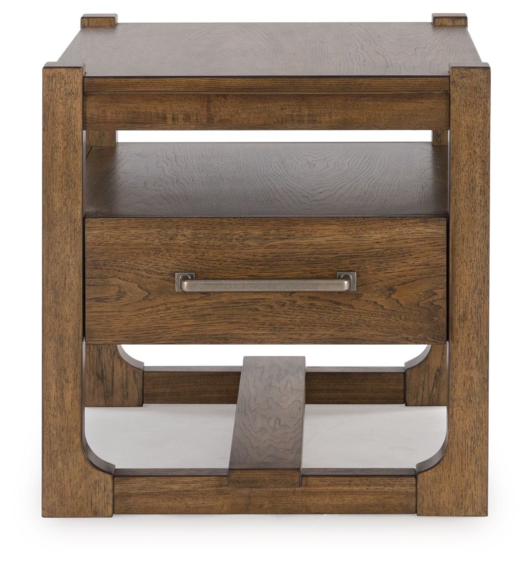 Square end table with front drawer, two-tier open shelf, and wood frame