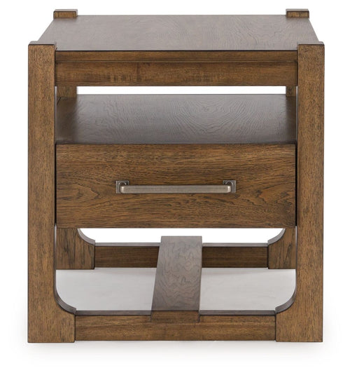 Square end table with front drawer, two-tier open shelf, and wood frame