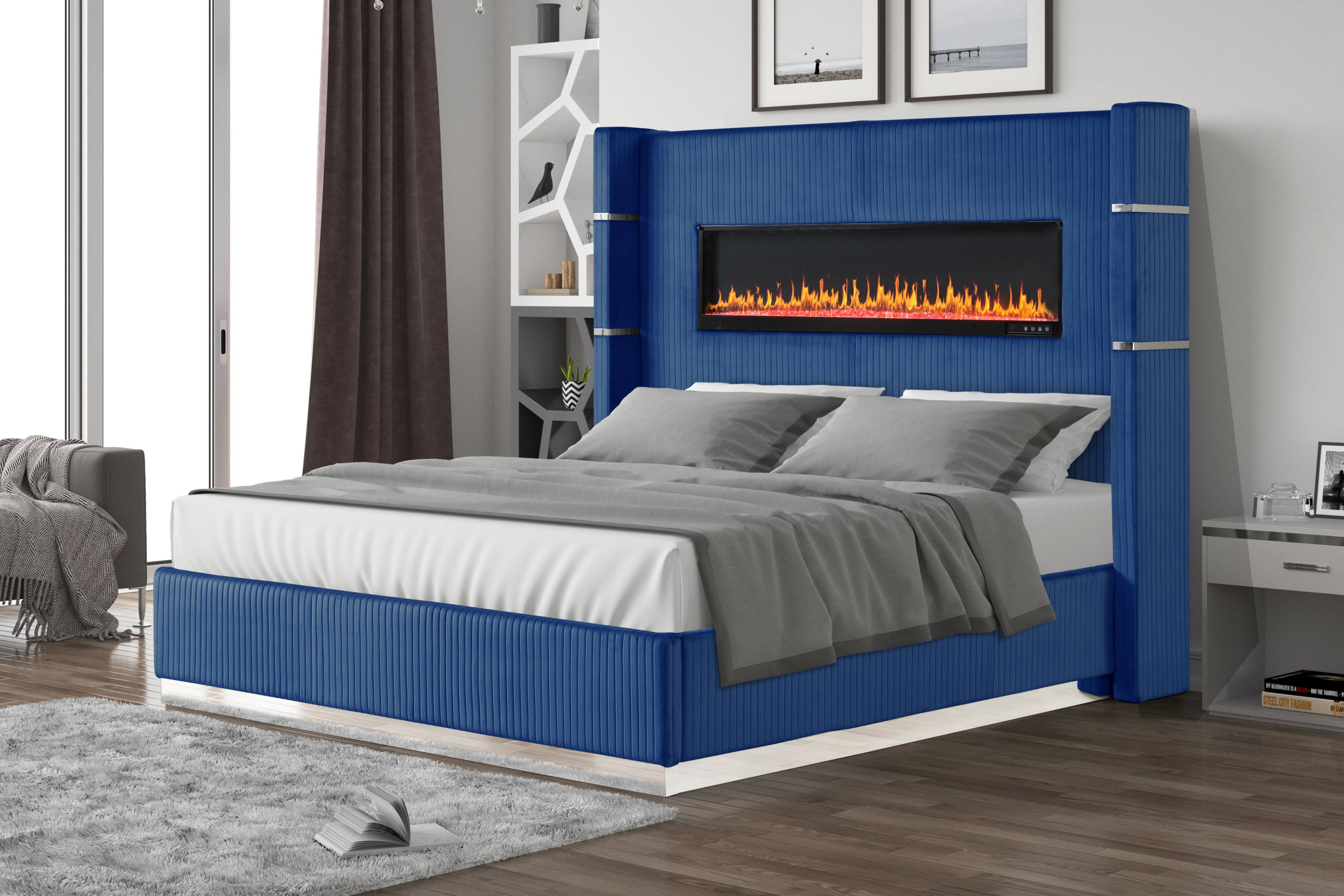 King Size Blue Velvet Upholstered Bed with Ambient Lighting