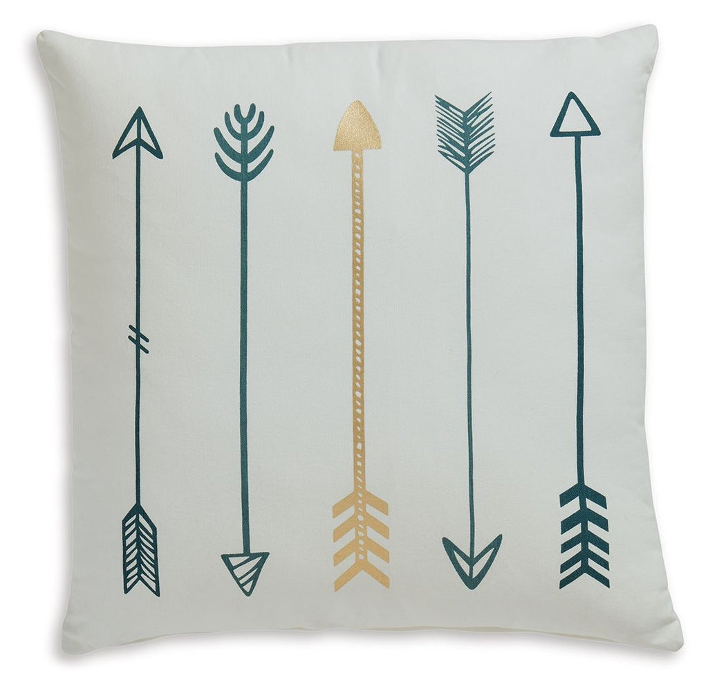 Gyldan pillow cover in white with teal arrows and a gold central arrow design