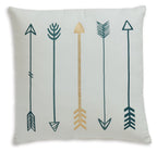 Gyldan pillow cover in white with teal arrows and a gold central arrow design