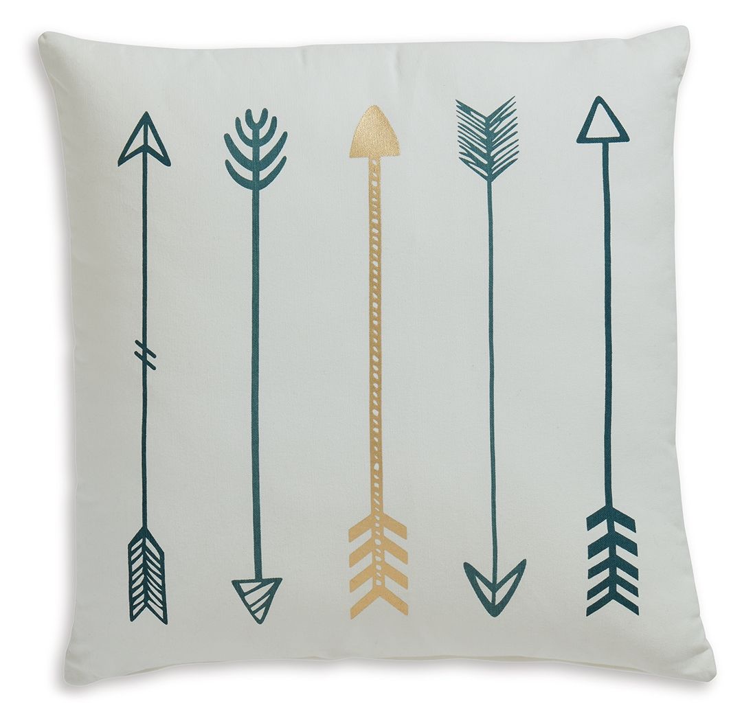 Gyldan pillow cover in white with teal arrows and a gold central arrow design
