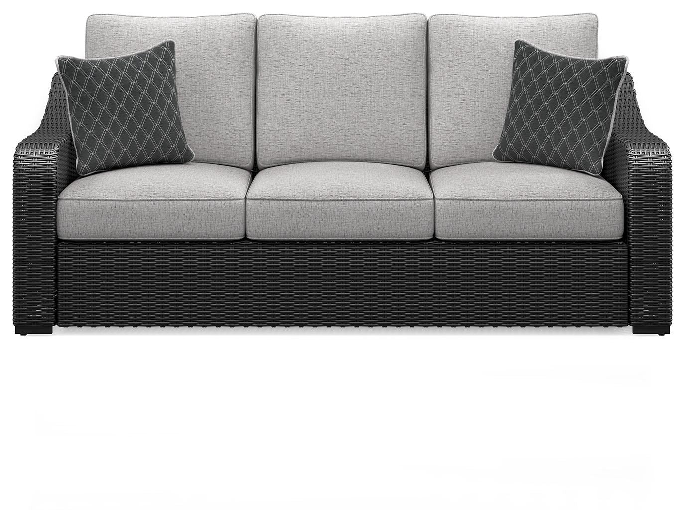 Beachcroft sofa with cushions, dark wicker base, light gray seat and back with two pillows