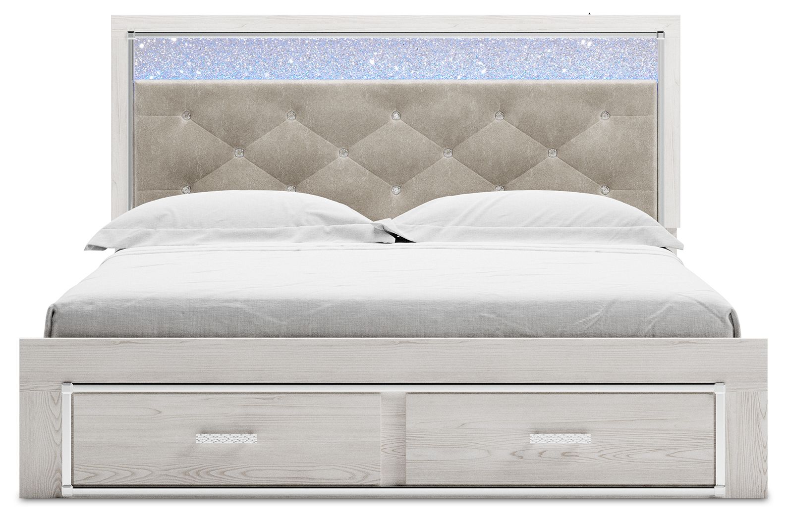 White storage bed with gray diamond-tufted headboard and two front drawers