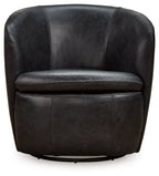 Black leather-look swivel chair with rounded backrest and cushioned seat, stitched trim.