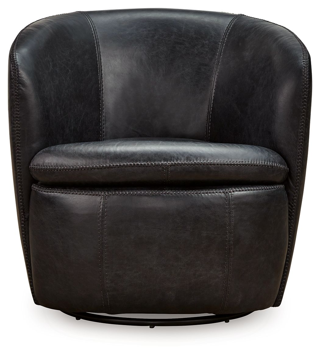 Black leather-look swivel chair with rounded backrest and cushioned seat, stitched trim.
