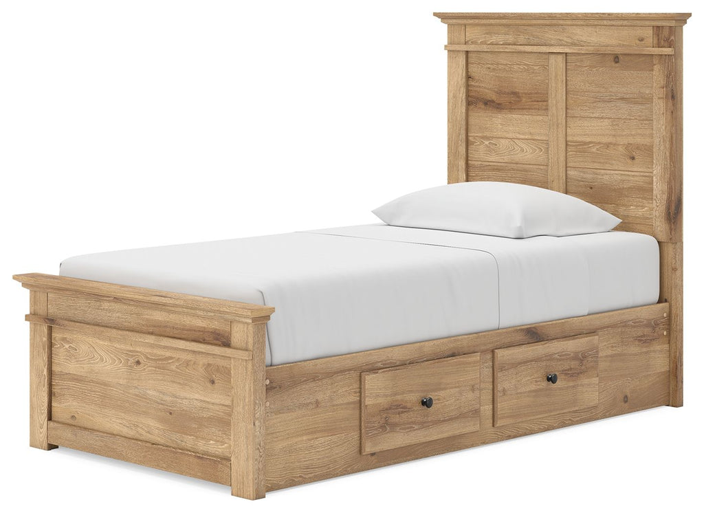 White panel storage bed with slatted base and two front drawers, with upholstered headboard