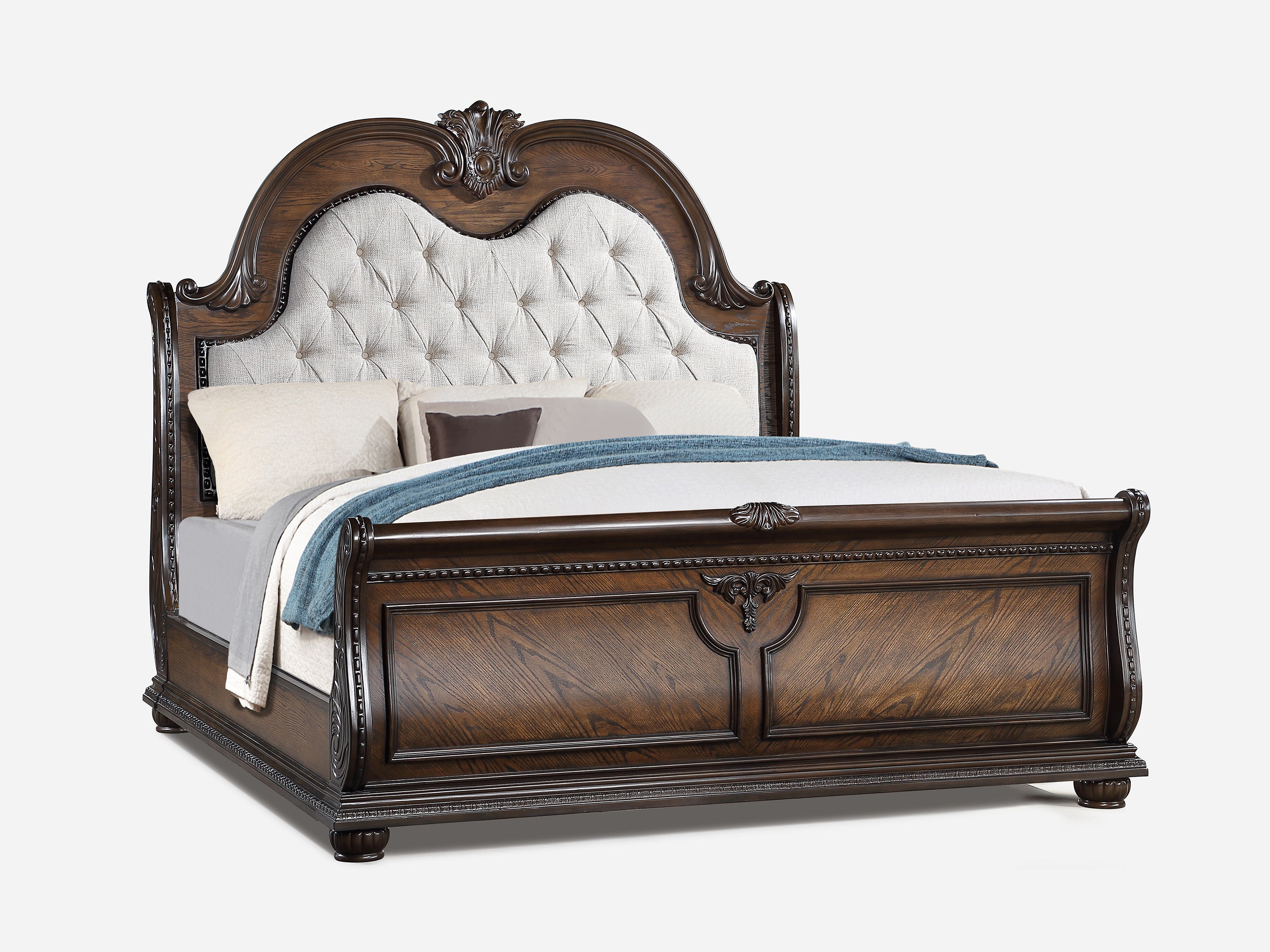 Formal Queen Sleigh Bed Headboard, Faux Leather Tufted Coffee Brown