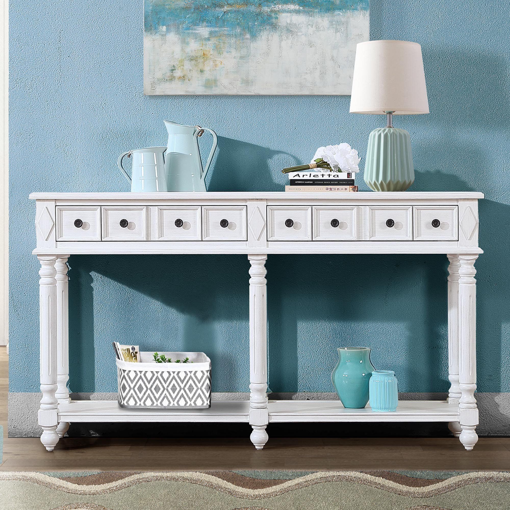 Retro Console Table Entryway With 2 Drawers - Antique White