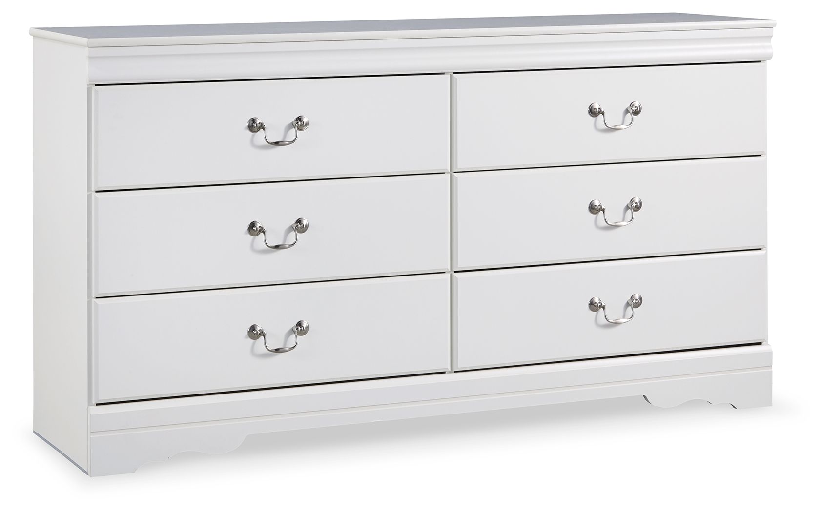 White dresser with six drawers and curved knob pulls