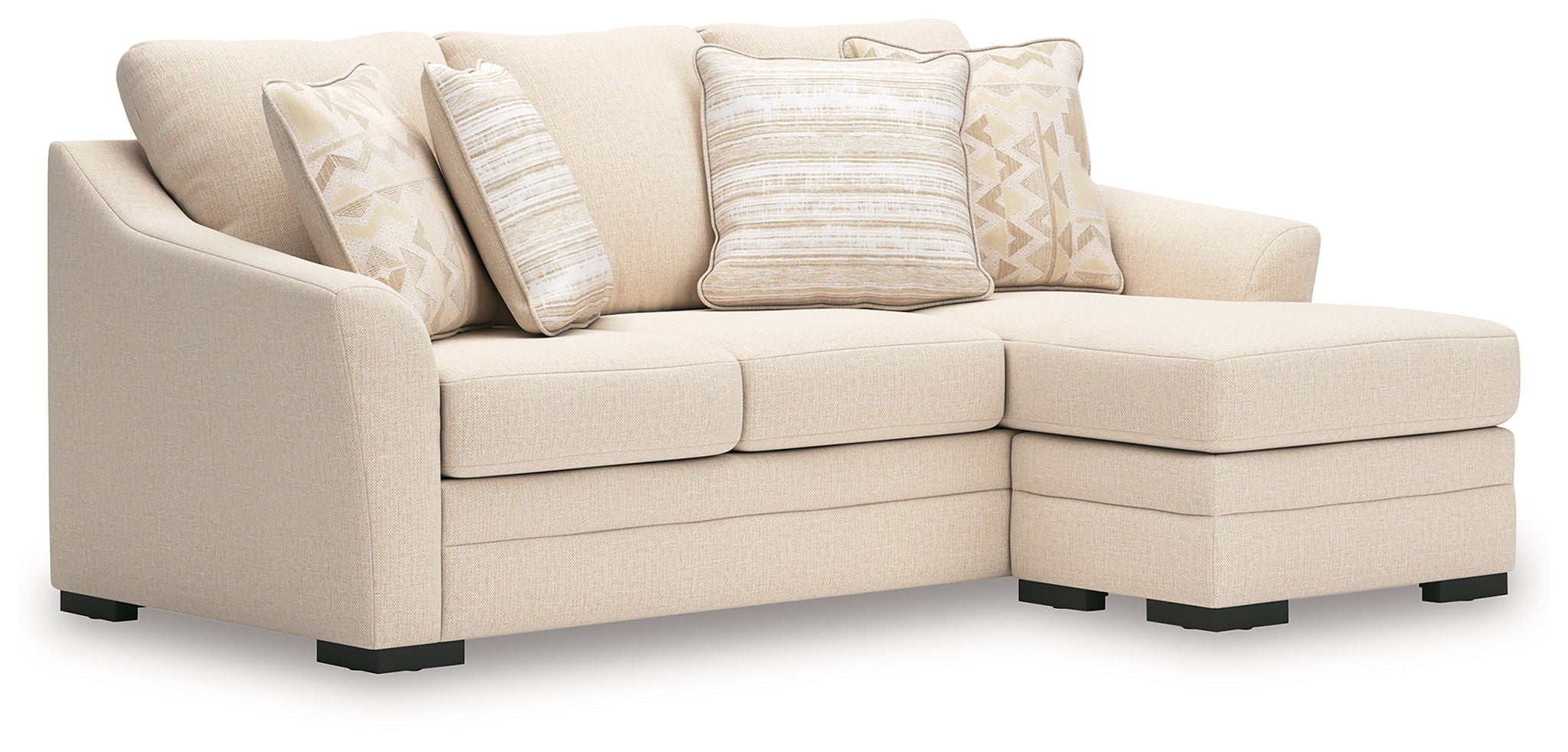 Beige fabric sectional sofa with chaise, multiple throw pillows