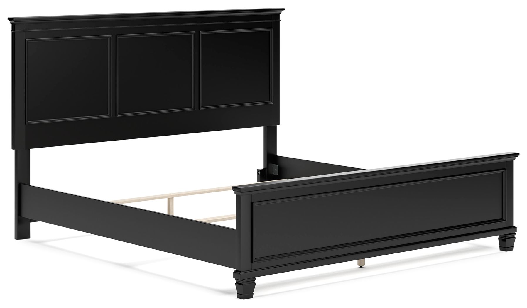 Black panel bed with open drawer storage beneath the frame, showing one drawer.