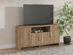 Brown extra-large TV stand with four cabinet doors and open center shelf, flat panel top