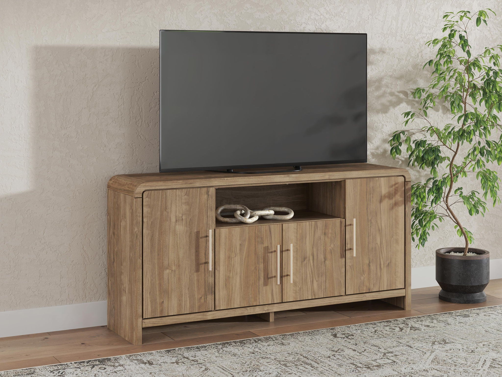 Brown extra-large TV stand with four cabinet doors and open center shelf, flat panel top