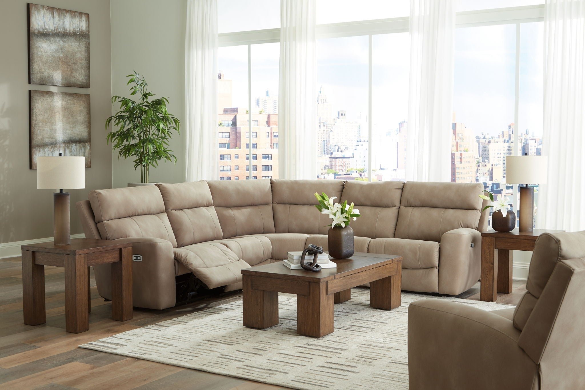 Beige power reclining sectional set with chaise corner and smooth recline cushions