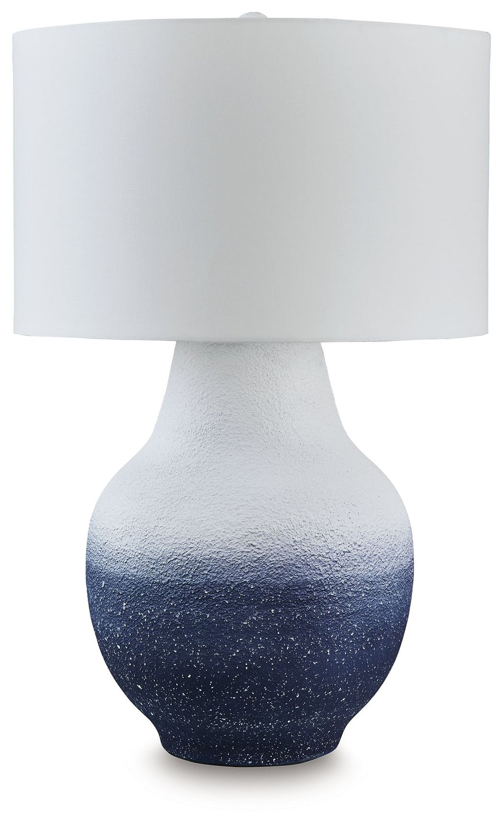 Metal table lamp with white drum shade and speckled navy-to-white ceramic base