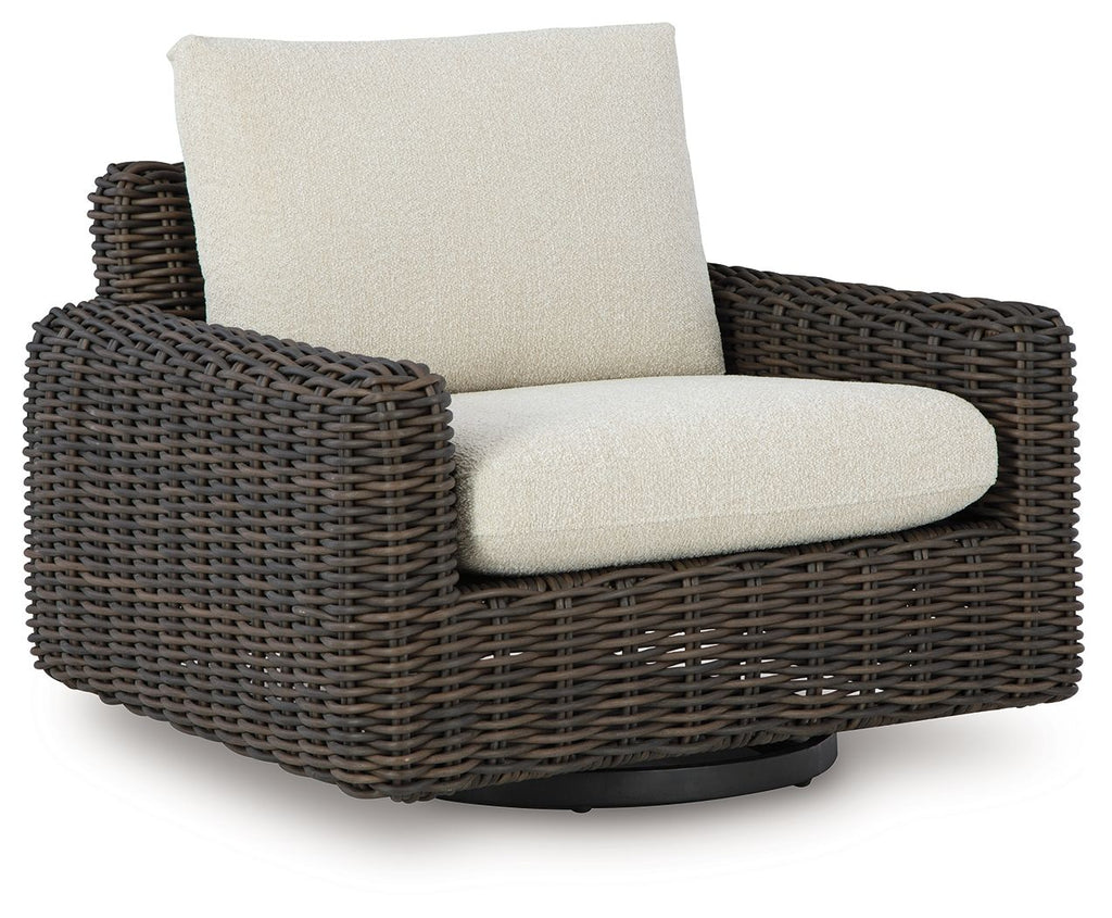 Wicker swivel glider lounge chair with dark brown frame and beige seat/back cushions