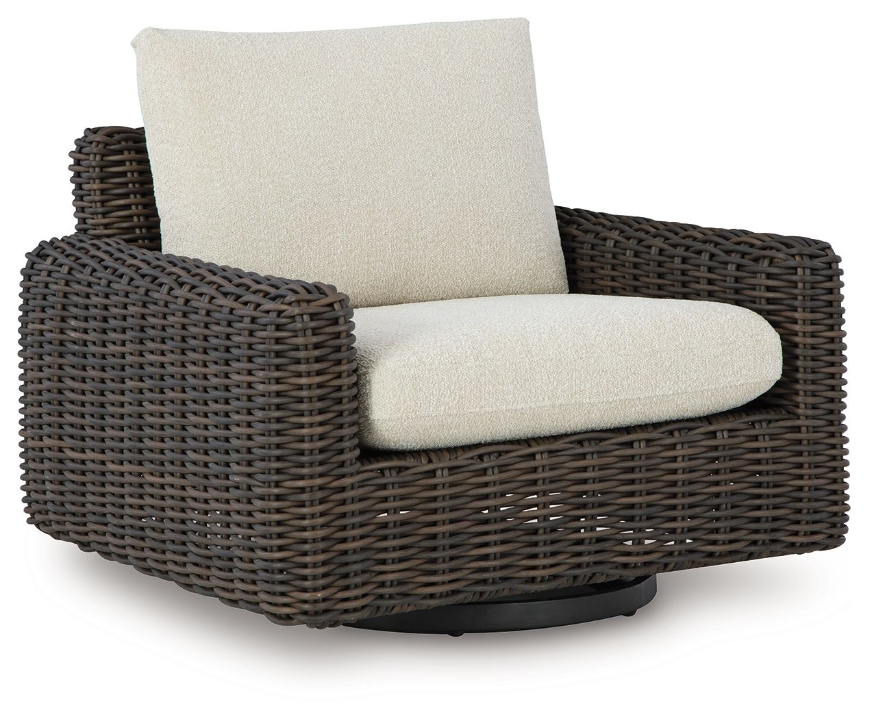 Wicker swivel glider lounge chair with dark brown frame and beige seat/back cushions