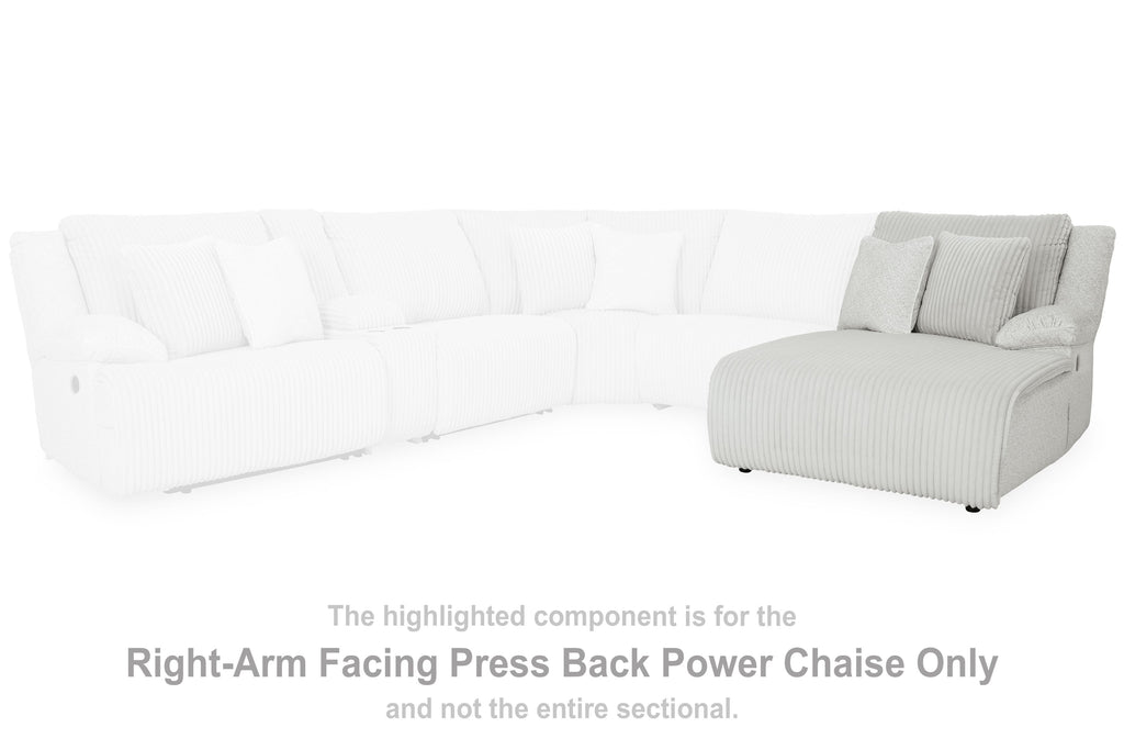 Right-arm facing power chaise section with ribbed light gray upholstery and back cushions, modular