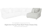 Right-arm facing power chaise section with ribbed light gray upholstery and back cushions, modular