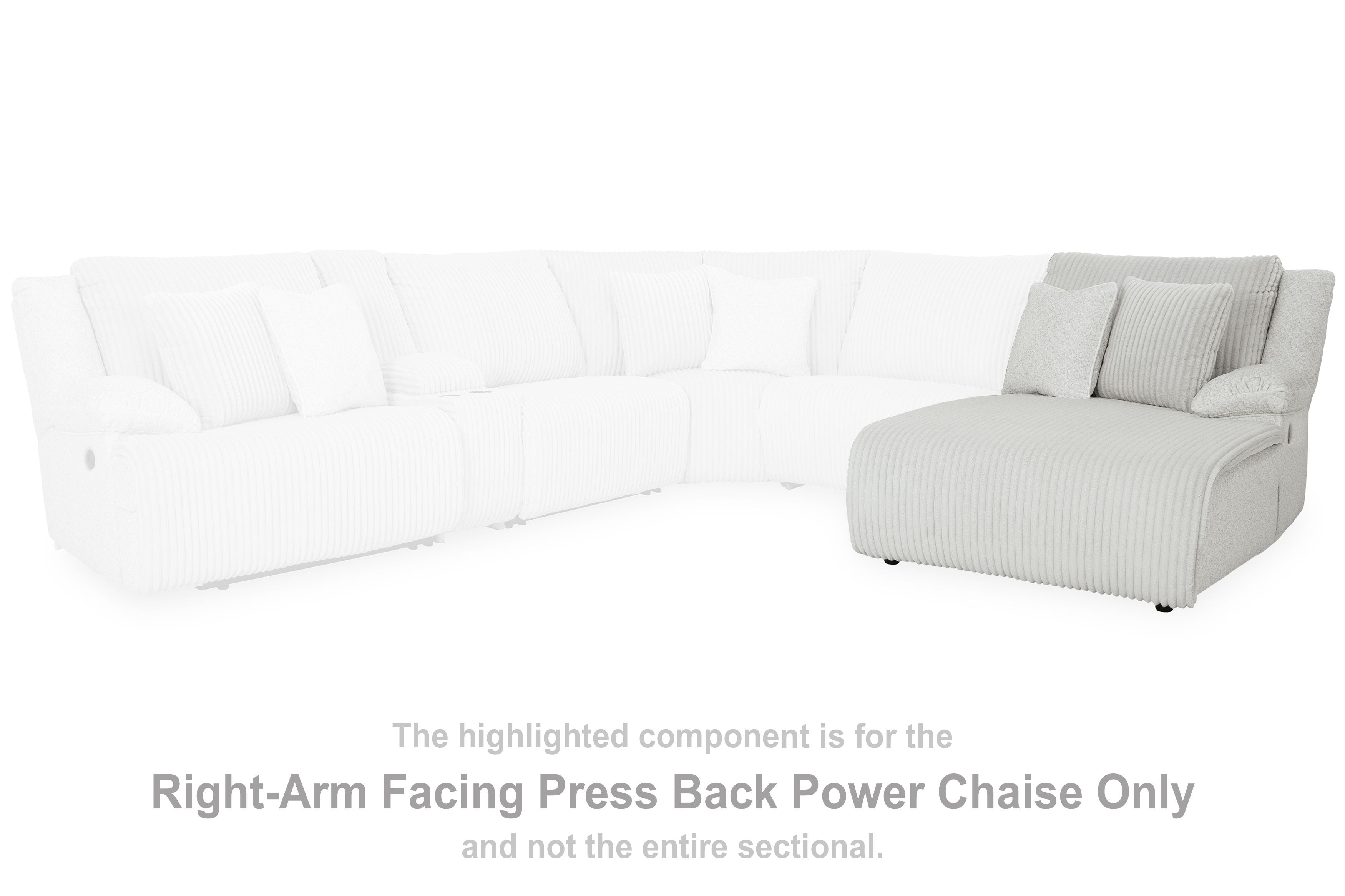 Right-arm facing power chaise section with ribbed light gray upholstery and back cushions, modular
