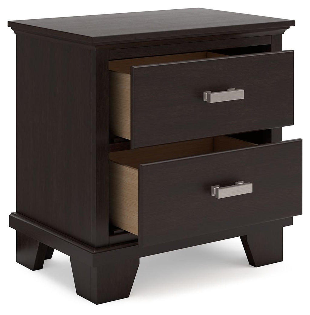 Dark brown two-drawer night stand with upper drawer open, showing wood interior