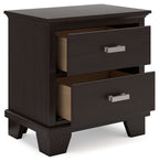 Dark brown two-drawer night stand with upper drawer open, showing wood interior