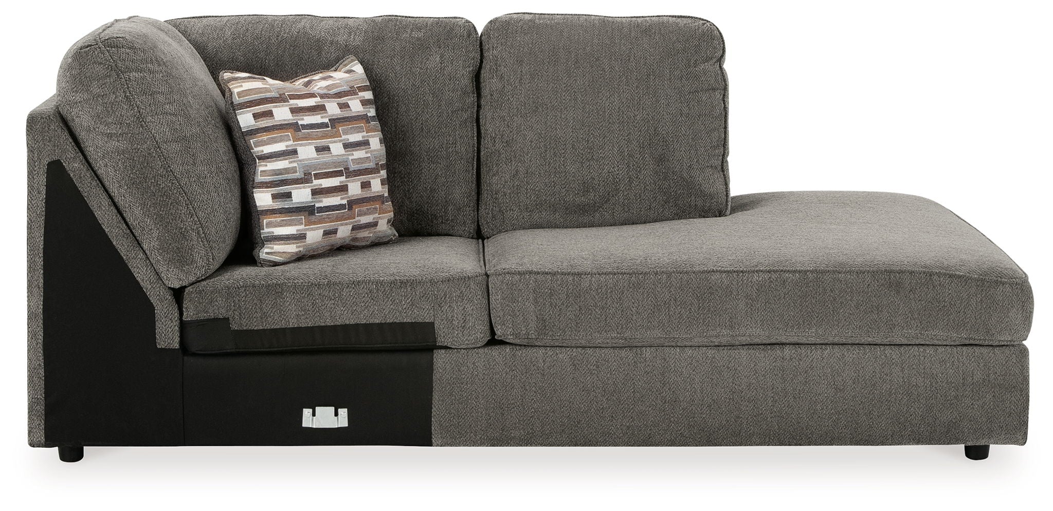 Gray corner chaise with patterned throw pillow and two back cushions
