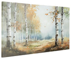 Framed birch forest wall art painting with misty background and warm autumn colors
