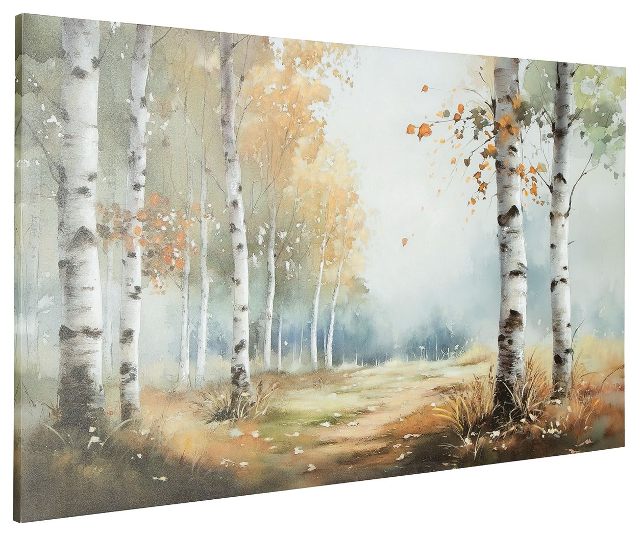 Framed birch forest wall art painting with misty background and warm autumn colors