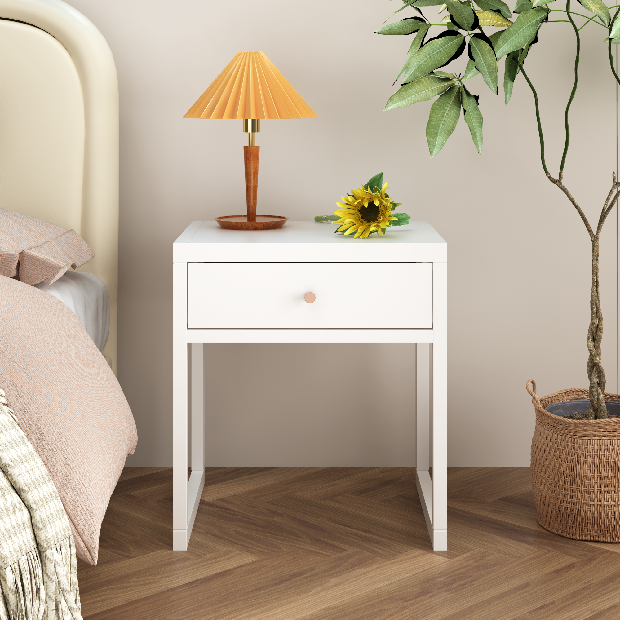 Modern White Nightstand with Drawer, Minimalist Compact Bedside Table