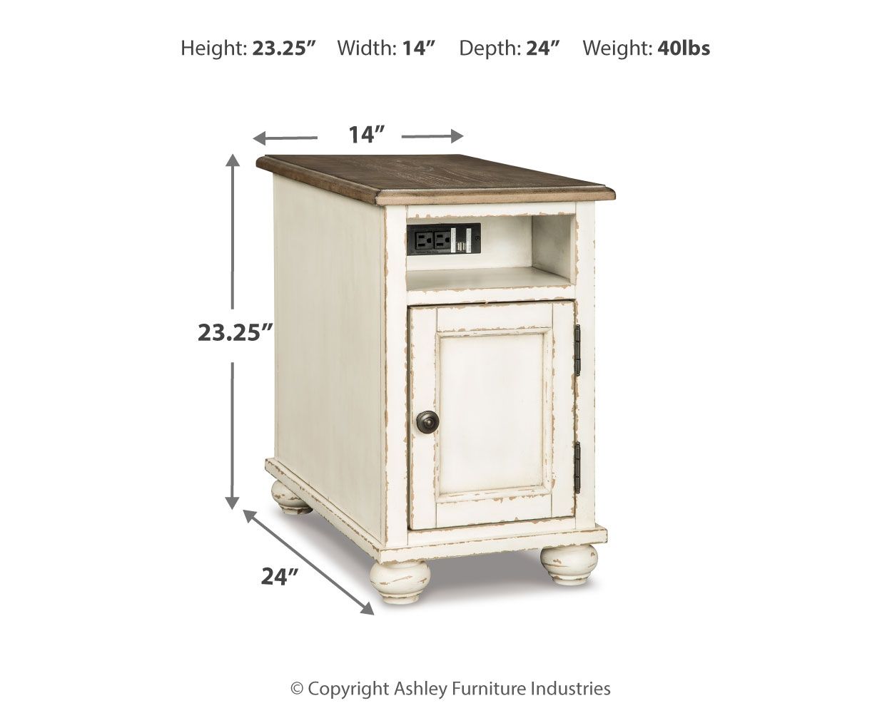 White chair side end table with dark brown top, cabinet door, turned feet