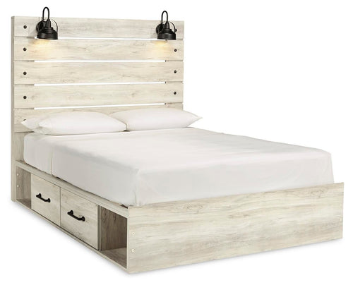 Beige panel bed with white mattress and two front storage drawers, slatted headboard