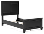Black panel bed frame with open underside base and paneled headboard
