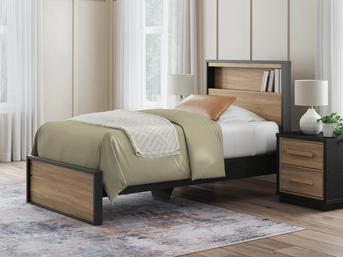 Bookcase bed frame with dark frame and wood side panels, made bed with green cover