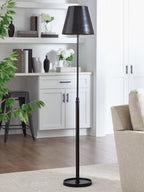 Black metal floor lamp with drum shade and tall slim pole