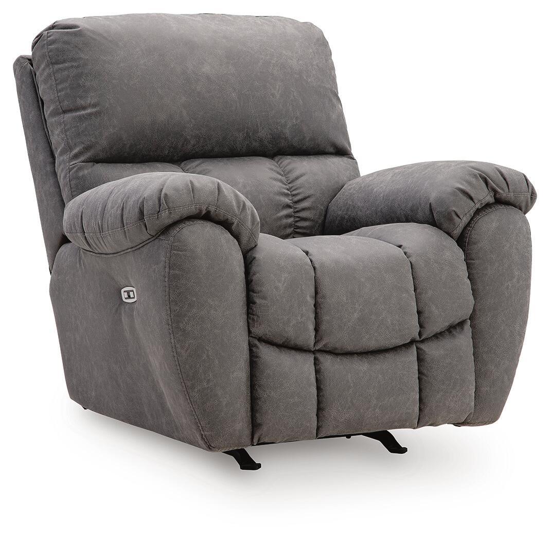 Gray power rocker recliner with padded arms, adjustable headrest, and recline footrest