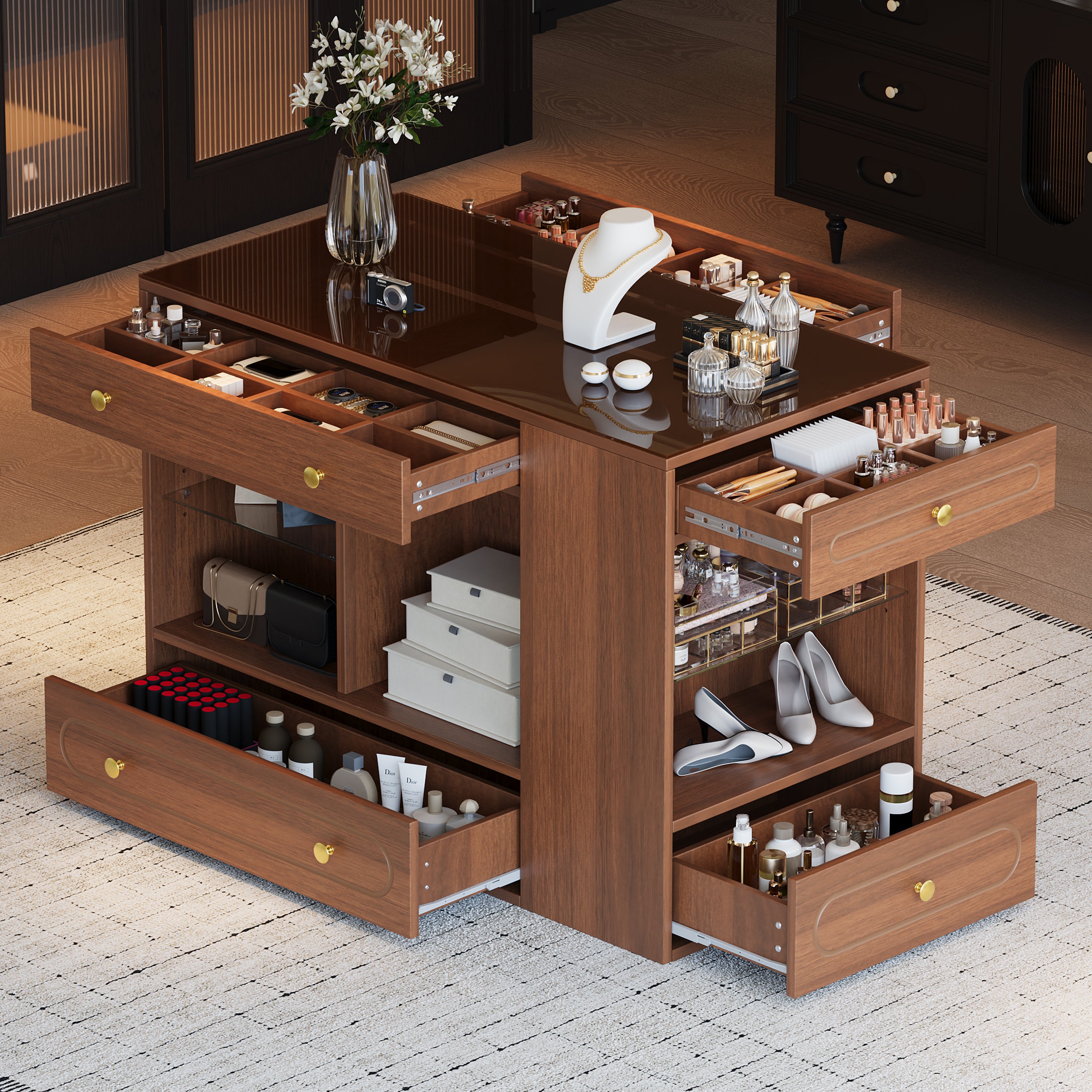 Walnut Closet Island: 6 Drawers, Glass Top, Jewelry Storage